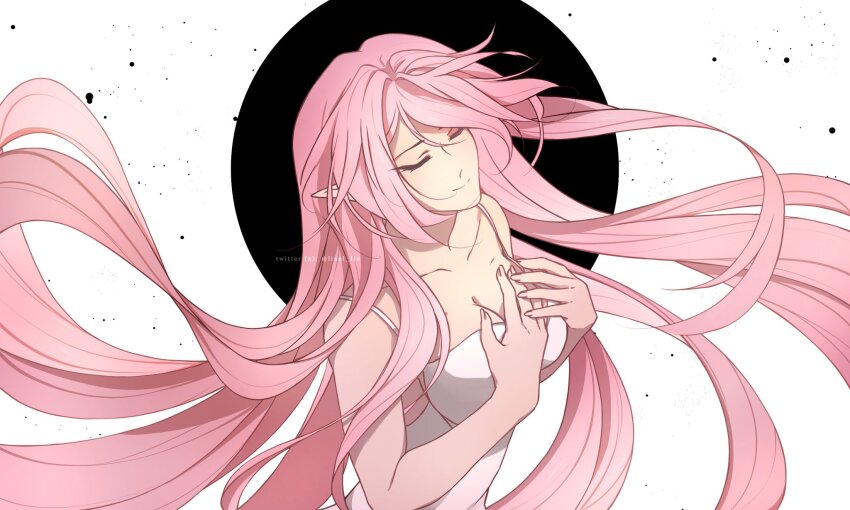 1girl, black_circle, breasts, cleavage, closed_eyes, closed_mouth, collarbone, dress