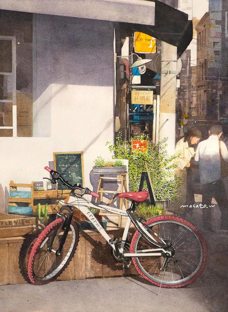 1boy, 1girl, bicycle, chalkboard, city, highres, original, painting_(medium)