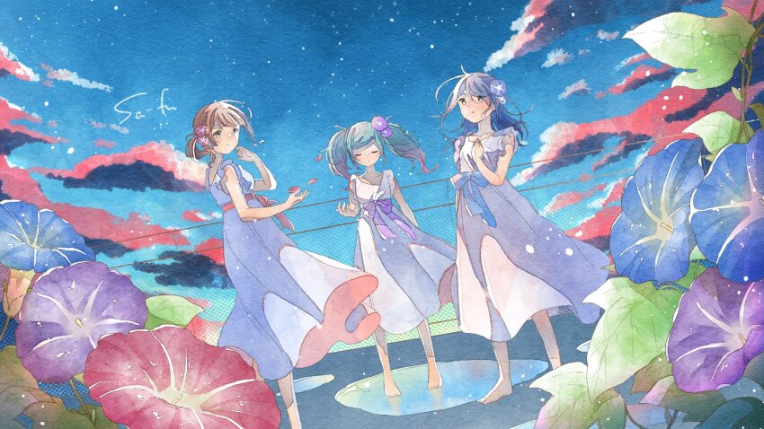 3girls, asagao_no_chiru_koro_ni_(tuyu), blue_eyes, blue_flower, blue_hair, blue_sash, blue_sky, closed_eyes, collarbone, commentary, dress, fence, flower, frilled_dress, frills, full_body, gradient_hair, green_hair, hair_flower, hair_ornament, hatsune_miku, highres, hoshino_ichika_(project_sekai), leo/need_miku, mochizuki_honami, morning_glory, multicolored_hair, multiple_girls, project_sekai, purple_flower, purple_sash, red_clouds, red_flower, red_hair, red_sash, rooftop, sa-fu_(sfmk39), sash, side_ponytail, signature, sky, standing, standing_on_liquid, twintails, vocaloid, white_dress