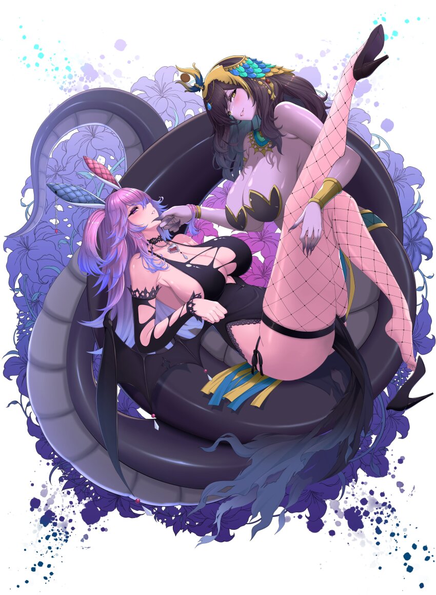 2girls, absurdres, animal_ears, black_dress, black_footwear, black_hair, black_sleeves, blush