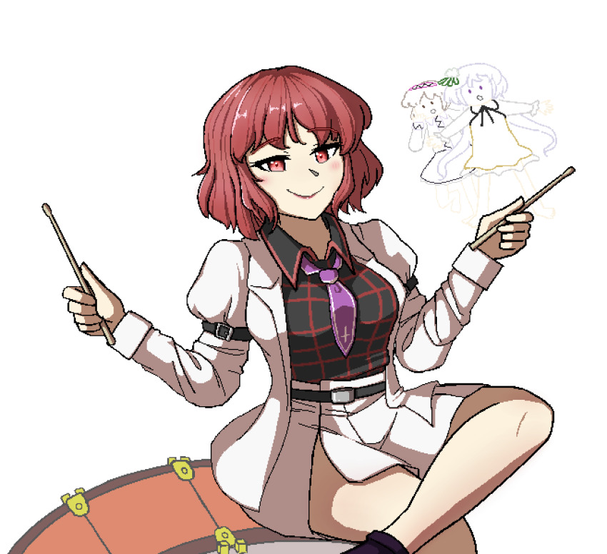 3girls, absurdres, black_shirt, closed_mouth, collared_shirt, commentary, crossed_legs, drum