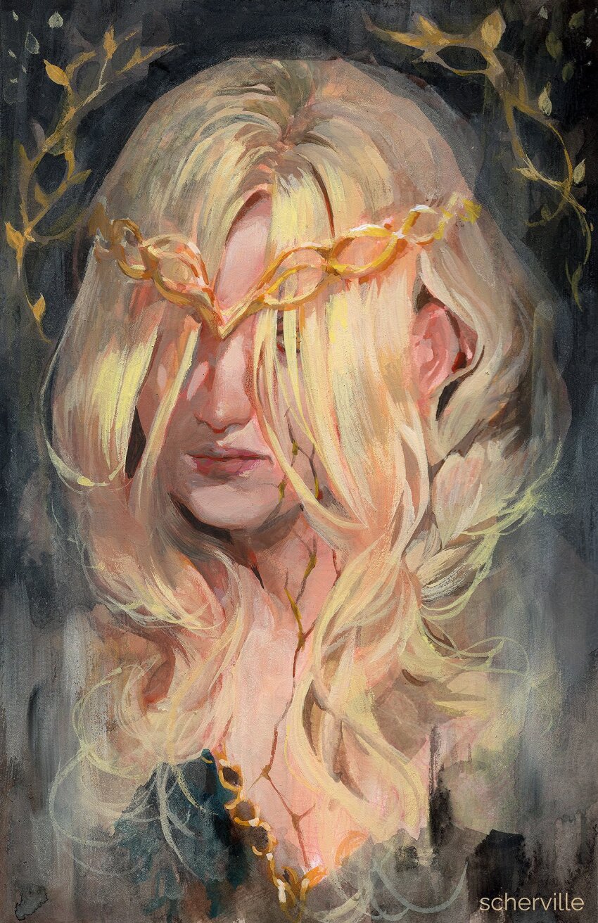1girl, acrylic_gouache_(medium), artist_name, black_dress, blonde_hair, broken_skin, close-up, commentary, cracked_skin, dress, elden_ring, english_commentary, gold, gold_diadem, gold_trim, hair_over_face, highres, jewelry, long_hair, queen, queen_marika_the_eternal, scherville, traditional_media, yellow_eyes