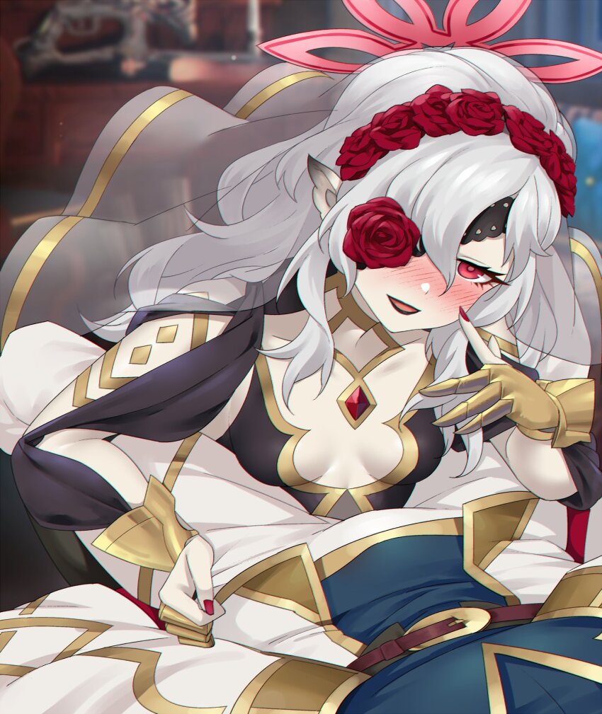 1boy, 1girl, animal_ears, bat_ears, bat_girl, black_eyeshadow, black_lips, breasts, bride, brooch, commission, couple, dress, embla_(closed-off_bride)_(fire_emblem), embla_(fire_emblem), eyeshadow, fire_emblem, fire_emblem_heroes, flower, flower_eyepatch, flower_hairband, gem, gold_trim, hairband, halo, hetero, highres, jewelry, kiran_(fire_emblem), makeup, male_kiran_(fire_emblem), nintendo, official_alternate_costume, pale_skin, red_flower, red_gem, red_halo, red_nails, red_rose, redkite333, rose, small_breasts, wedding_dress