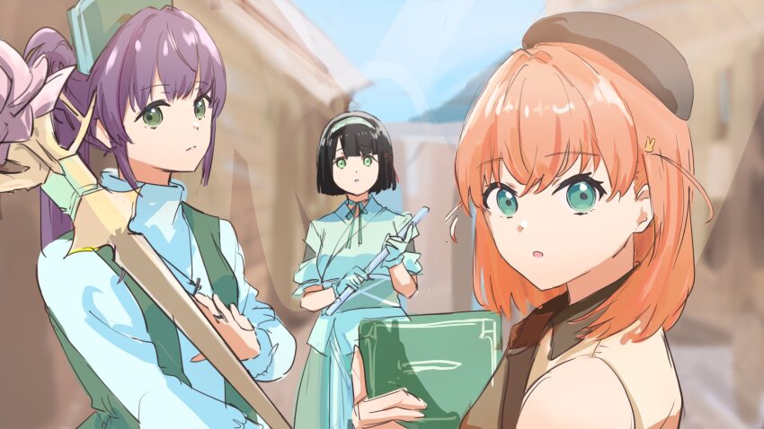 3girls, :o, alternate_universe, aqua_eyes, beret, black_hair, blue_shirt, blunt_bangs