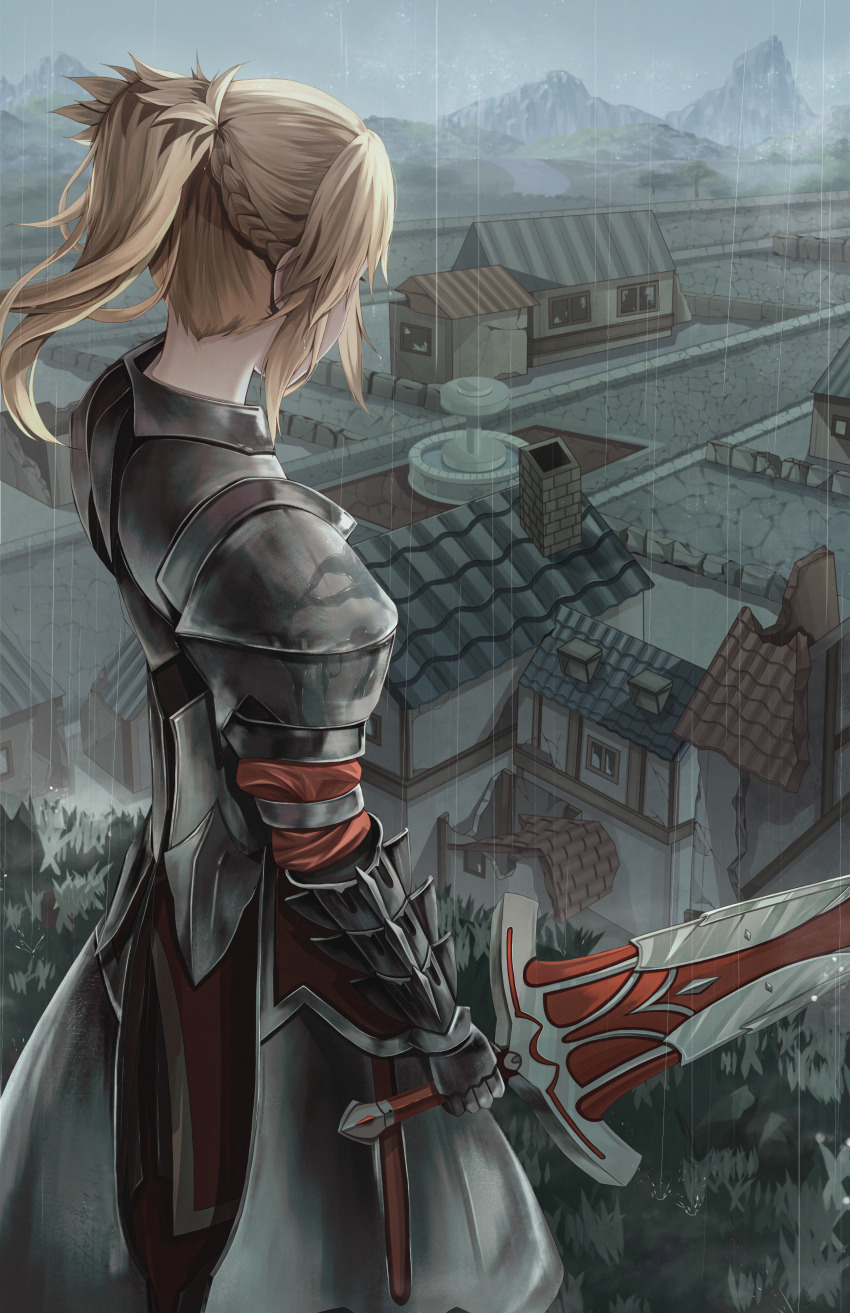 1girl, absurdres, armor, blonde_hair, braid, breastplate, broken_glass, broken_wall