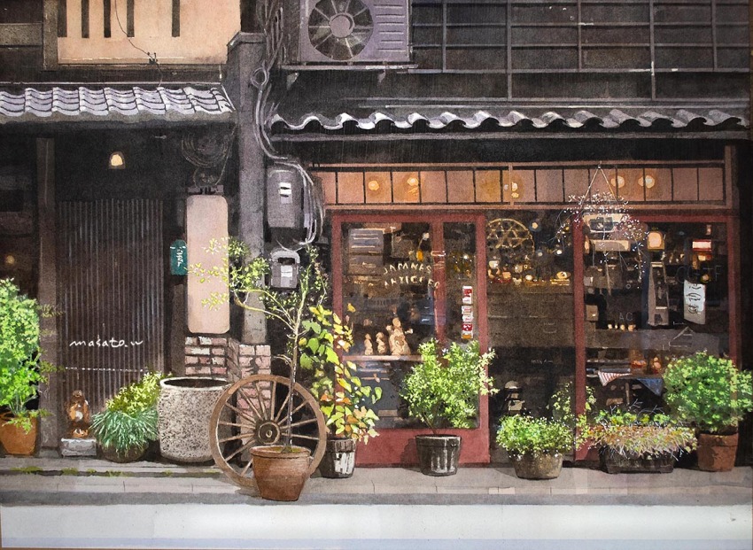 air_conditioner, building, electric_panel, no_humans, original, painting_(medium), plant, potted_plant