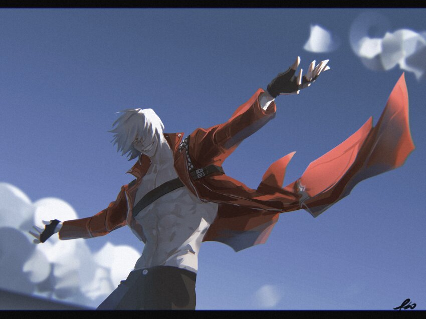 1boy, 3hkxbot, absurdres, belt_bra, blue_coat, blue_eyes, blue_sky, cloud, coat, dante_(devil_may_cry), day, devil_may_cry, devil_may_cry_(series), devil_may_cry_3, fingerless_gloves, gloves, hair_over_eyes, highres, male_focus, outdoors, red_coat, sky, smile, solo, white_hair