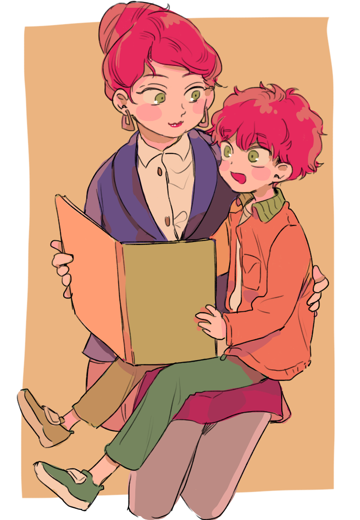 1boy, 1girl, animification, book, earrings, green_eyes, hair_bun, holding