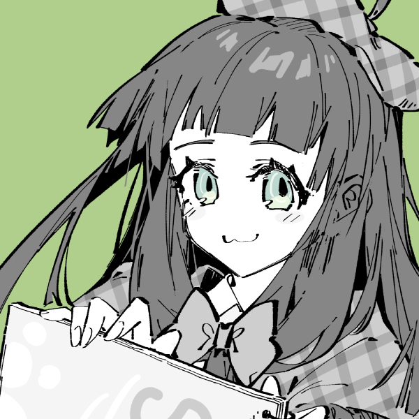 1girl, :3, beret, blunt_bangs, blush_stickers, bow, capelet, closed_mouth