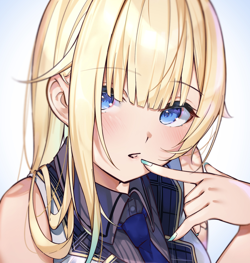 1girl, absurdres, aizawa_ema, aizawa_ema_(2nd_costume), bare_shoulders, blonde_hair, blue_eyes, blue_nails