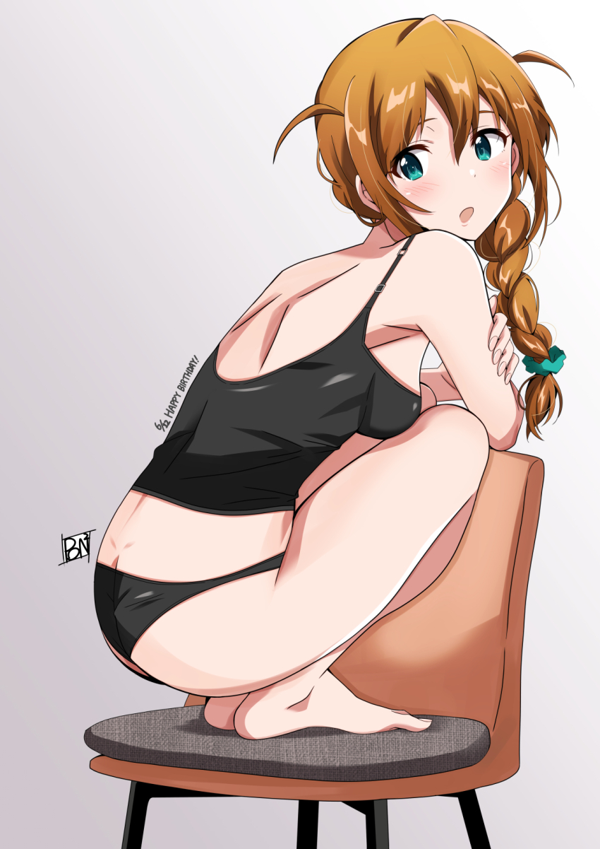 1girl, aqua_eyes, aqua_scrunchie, ass, baba_konomi, barefoot, black_camisole, black_panties