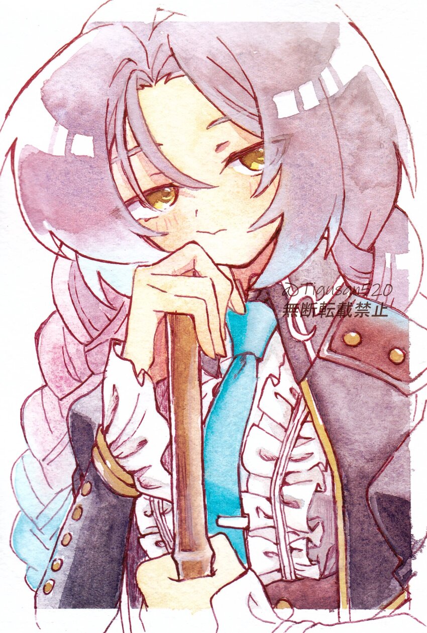 1girl, blue_hair, braid, broom, butler, clorica_(rune_factory), crossdressing_(ftm), female_butler