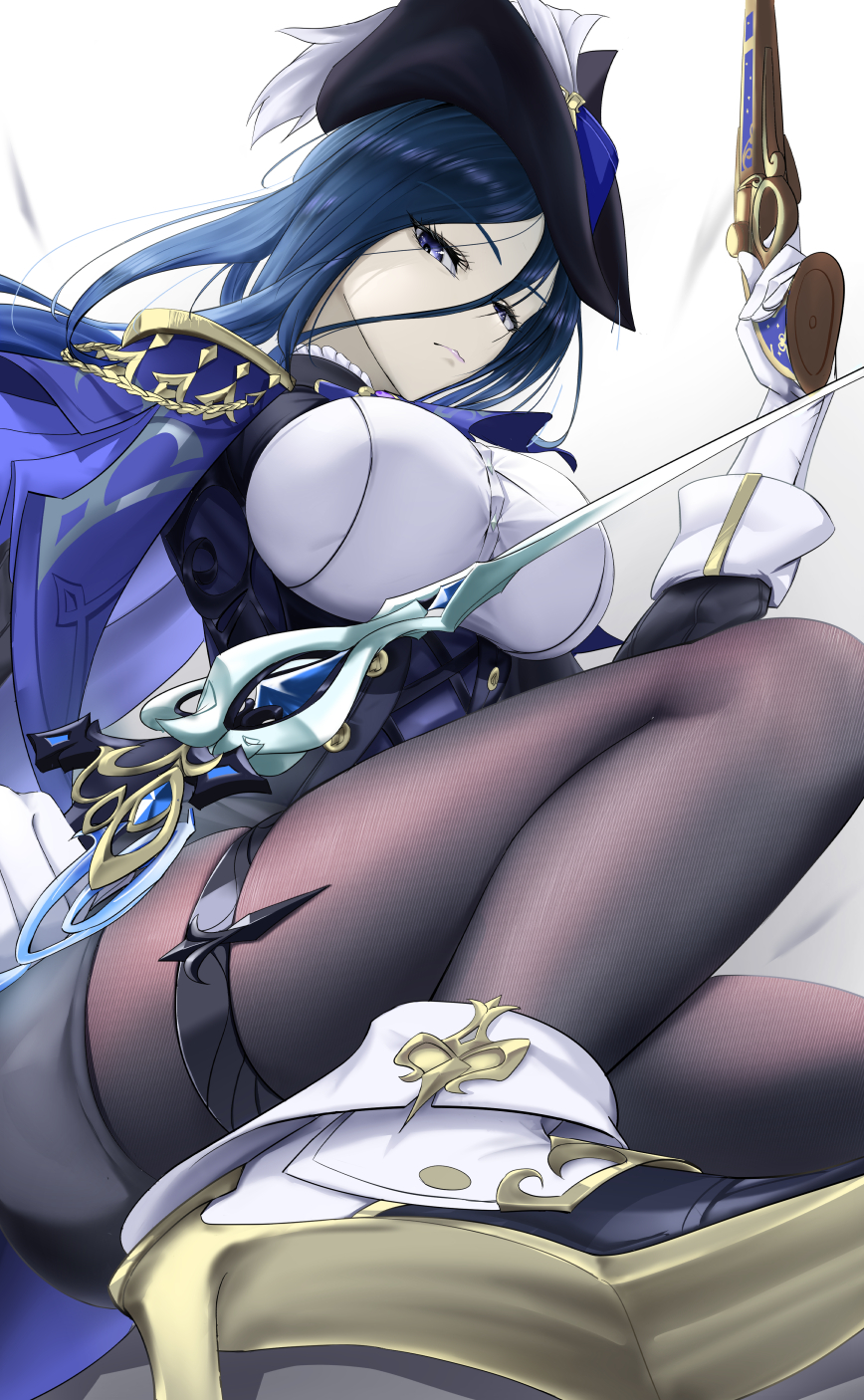 1girl, absolution_(genshin_impact), ankle_boots, antique_firearm, ascot, asymmetrical_dual_wielding, black_pantyhose, blue_ascot, blue_cape, blue_hair, boots, breasts, cape, clorinde_(genshin_impact), dark_blue_hair, dual_wielding, elbow_gloves, epaulettes, firearm, fold-over_boots, fold-over_gloves, foreshortening, framed_breasts, genshin_impact, gloves, gun, hat, hat_feather, highres, holding, holding_gun, holding_sword, holding_weapon, large_breasts, long_hair, looking_at_viewer, mait, pantyhose, pencil_skirt, purple_eyes, shirt, skirt, sword, taut_clothes, taut_shirt, thigh_strap, tricorne, weapon, white_gloves, white_shirt