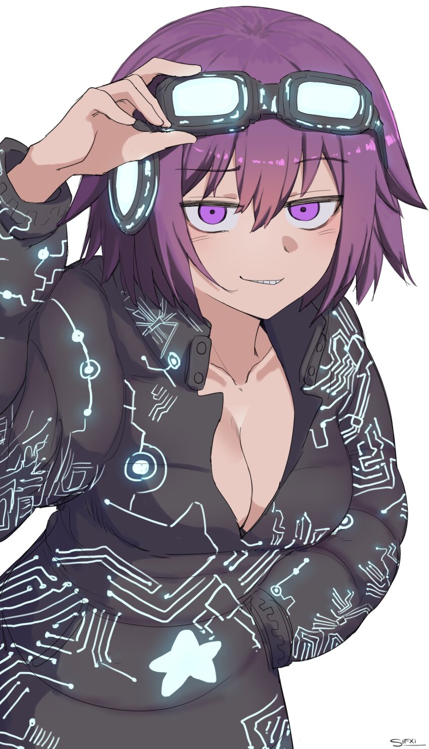 1girl, absurdres, adjusting_eyewear, black_pants, black_shirt, breasts, closed_mouth, collarbone, commentary, goggles, goggles_on_head, hand_in_pocket, highres, large_breasts, neon_trim, pants, purple_eyes, purple_hair, shirt, short_hair, simple_background, sketch, smirk, soap_(sifxi_), solo, white_background, yozakura-san_chi_no_daisakusen, yozakura_shion
