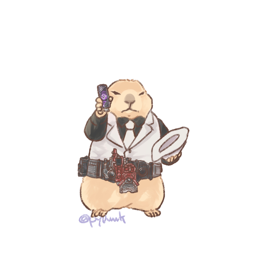 artist_name, black_shirt, body_fur, brown_fur, collared_shirt, cosplay, fedora, full_body, gaia_memory, hashtag-only_commentary, hat, henshin_pose, holding, holding_unworn_clothes, holding_unworn_hat, kamen_rider, kamen_rider_w, lostdriver, narumi_sokichi, narumi_sokichi_(cosplay), necktie, prairie_dog, py0wwk, shirt, simple_background, twitter_username, unworn_hat, unworn_headwear, vest, white_background, white_necktie, white_vest