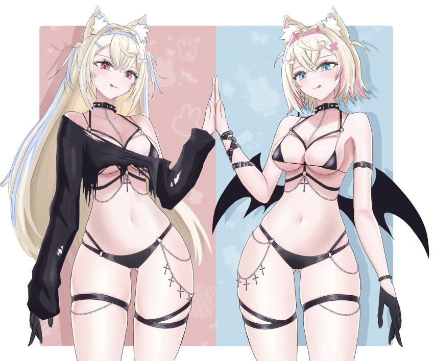 2girls, animal_ears, bandaid, bikini, blonde_hair, blue_background, blue_eyes, blush