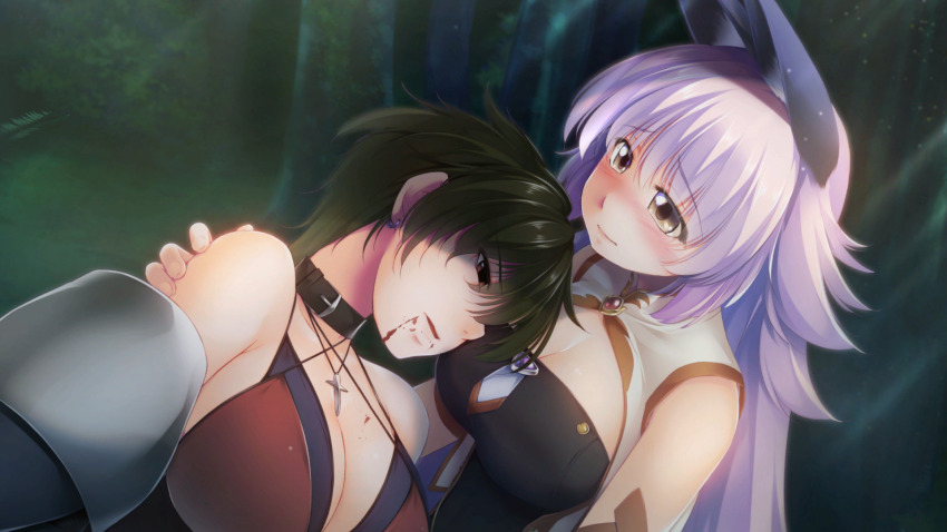 2girls, animal_ears, atelier-moo, bare_shoulders, bikini, black_hair, blood, blood_on_face