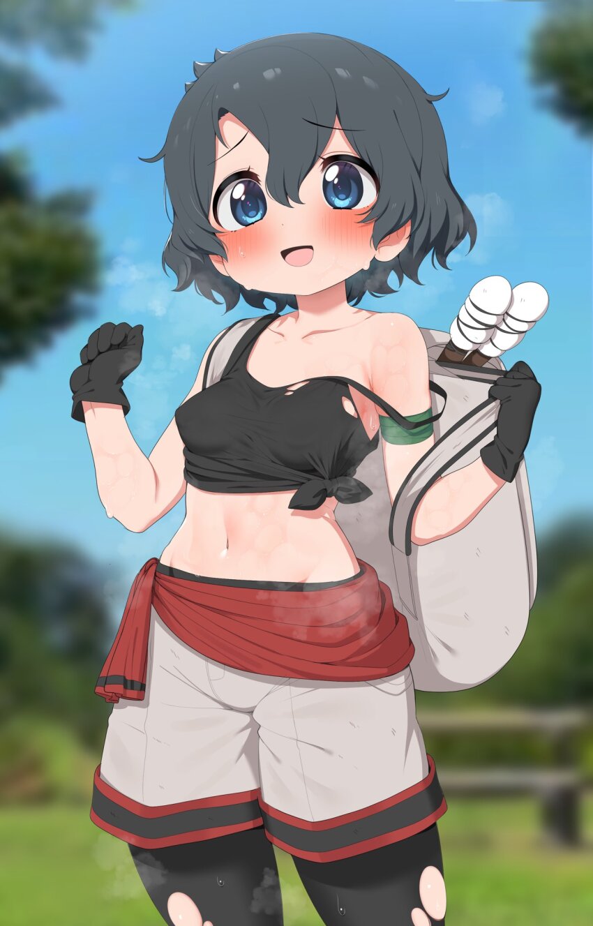 1girl, backpack, bag, black_gloves, black_hair, blush, breasts, clothes_around_waist