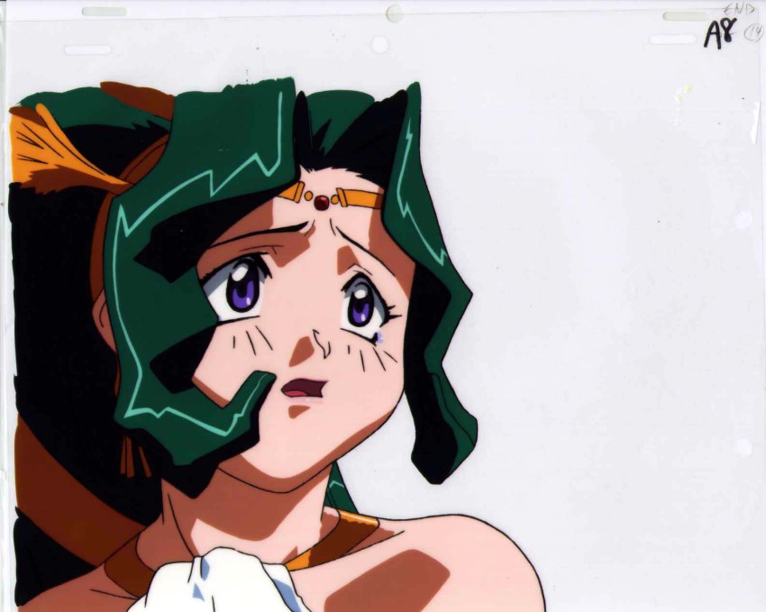 1990s_(style), 1girl, artist_request, cel, female_focus, green_hair, highres, lashara_moon, photon, purple_eyes, retro_artstyle, solo, tagme