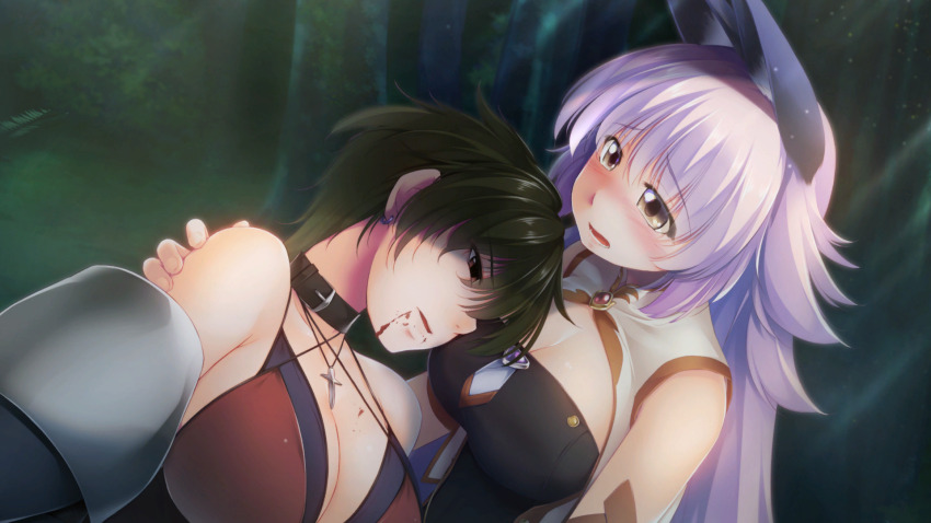 2girls, animal_ears, atelier-moo, bare_shoulders, bikini, black_hair, blood, blood_on_face