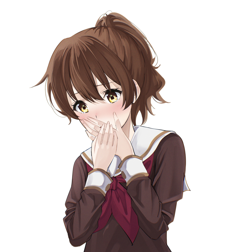 1girl, absurdres, akane_(tgixb), brown_hair, covering_own_mouth, embarrassed, hibike!_euphonium, highres