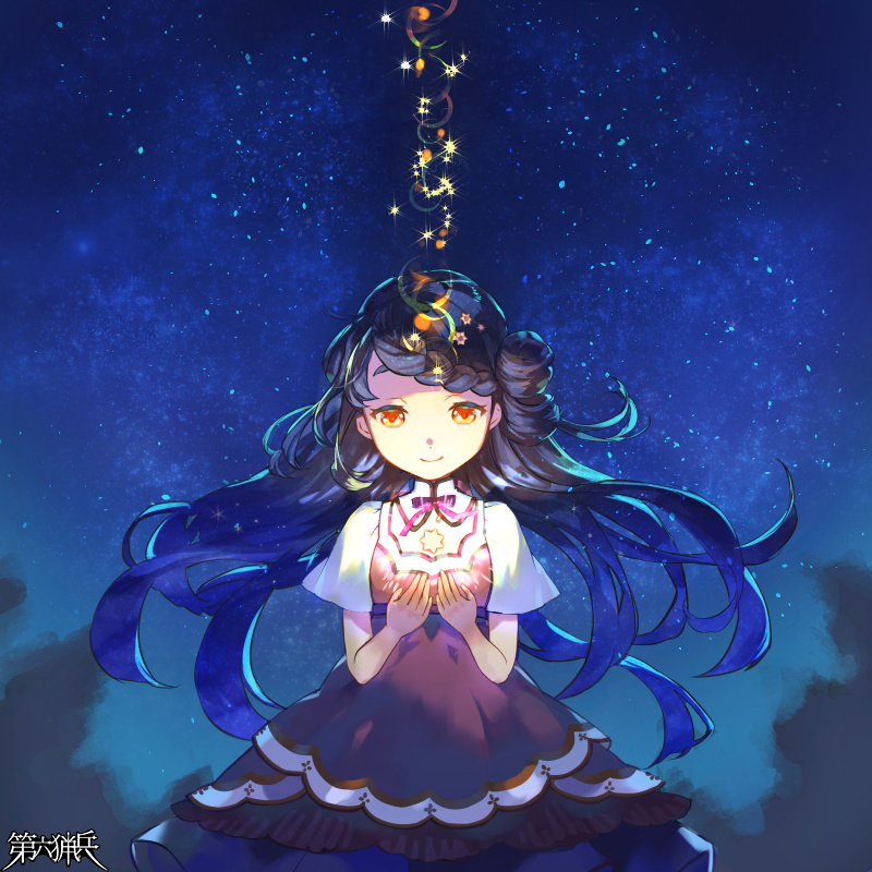 1girl, black_dress, black_hair, blue_hair, braid, braided_bangs, copyright_name, dairoku_ryouhei