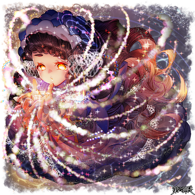 1girl, black_hair, blue_dress, copyright_name, dairoku_ryouhei, dress, fille_meruku, hands_up