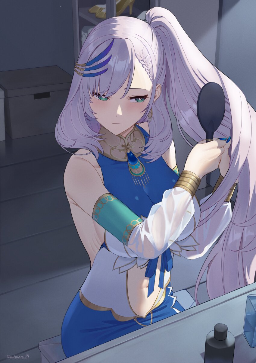 1girl, absurdres, braid, braided_bangs, breasts, brushing_hair, clothing_cutout, detached_sleeves