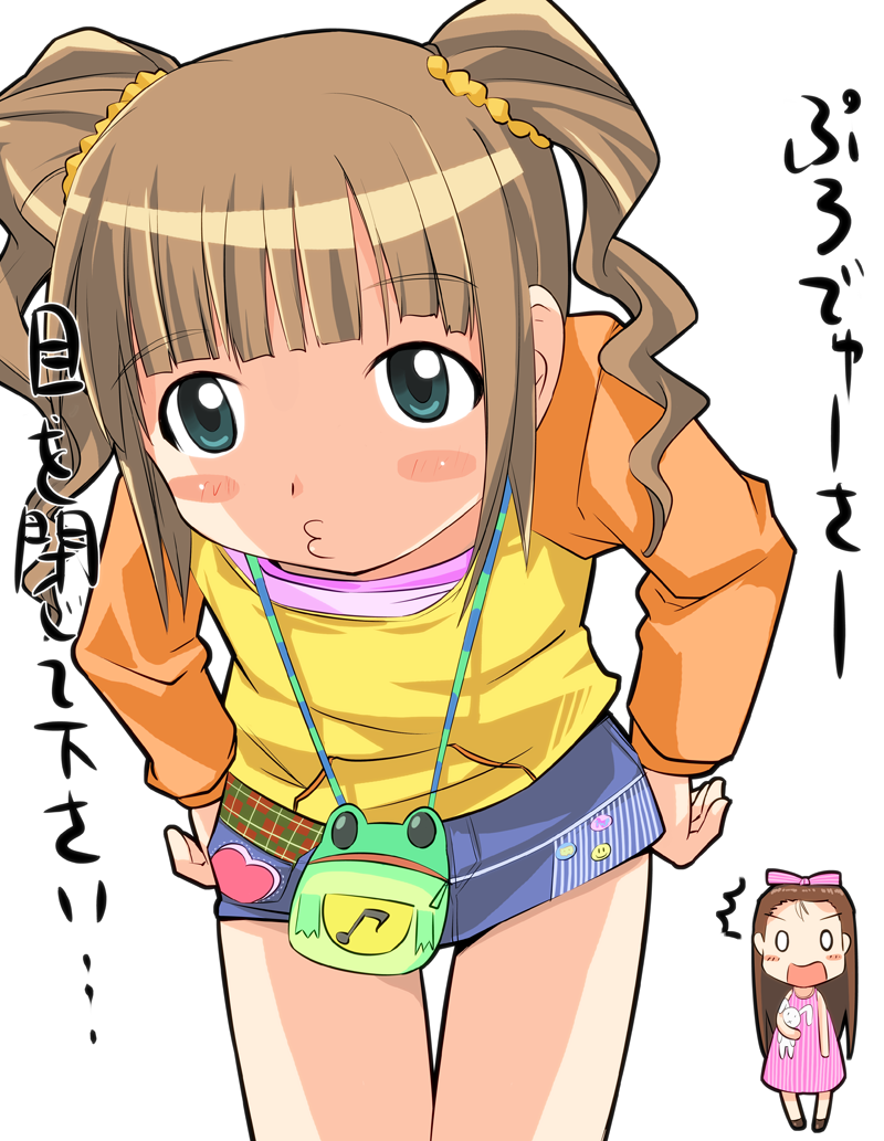 2girls, bag, casual, chibi, green_eyes, handbag, hands_on_own_hips, idolmaster