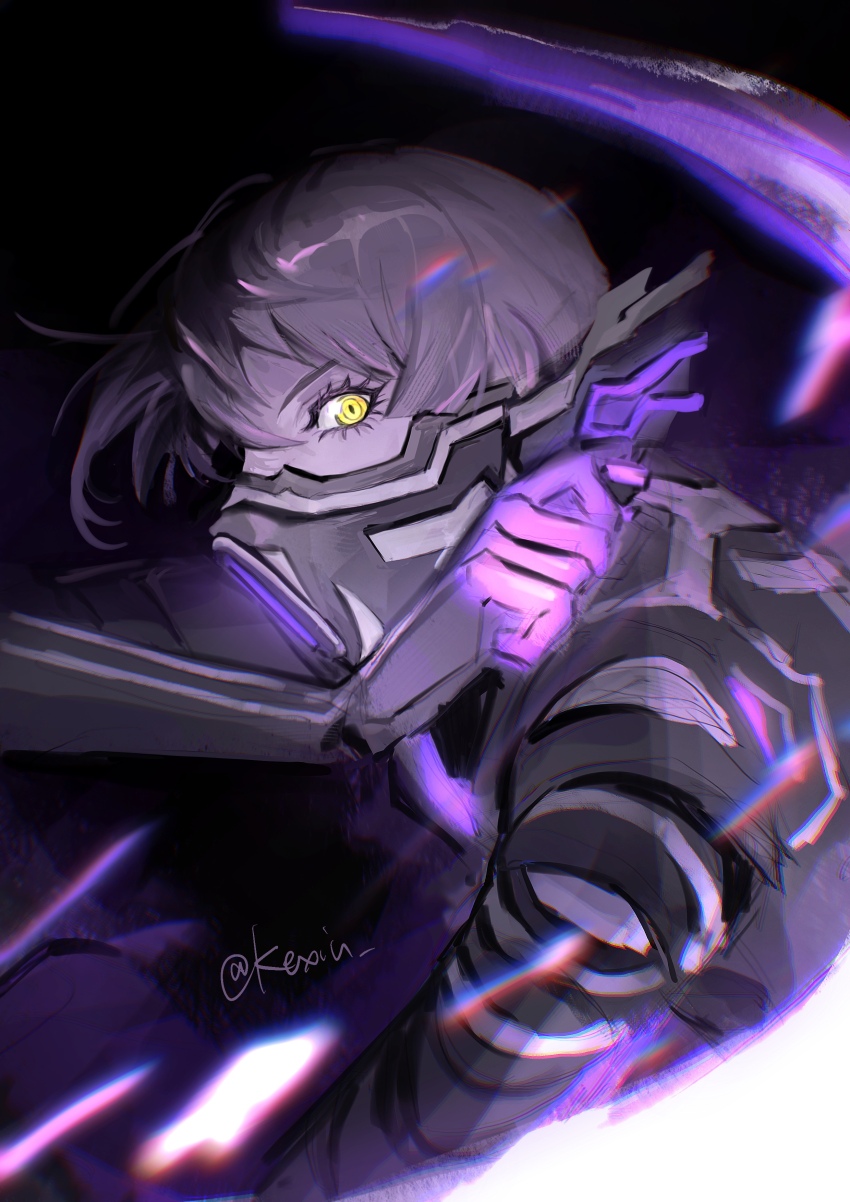 1boy, absurdres, armor, black_hair, bodysuit, dark_background, dynamic_pose, gloves