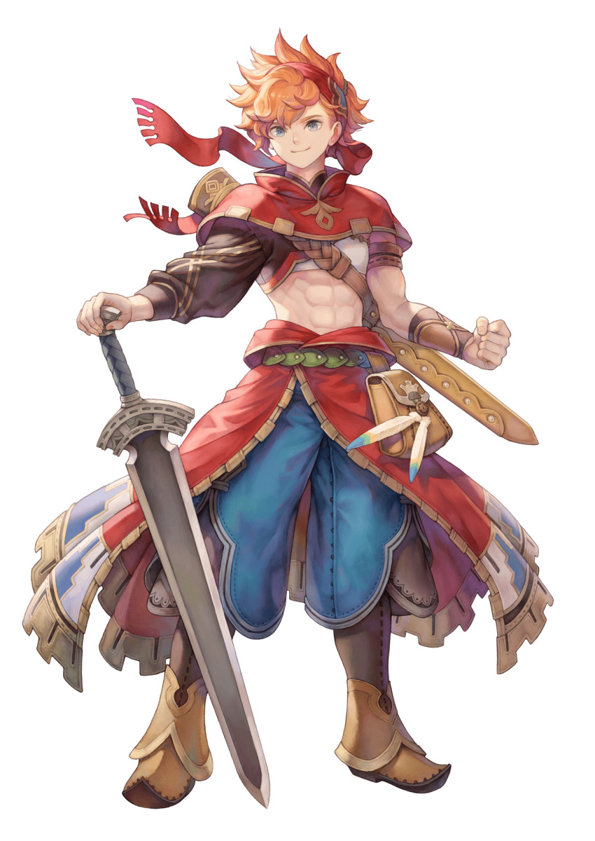 1boy, abs, blue_eyes, boots, clenched_hand, crop_top, full_body, haccan, headband, highres, male_focus, official_art, orange_hair, pants, second-party_source, seiken_densetsu, smile, solo, sword, toned, toned_male, transparent_background, val_(visions_of_mana), visions_of_mana, weapon