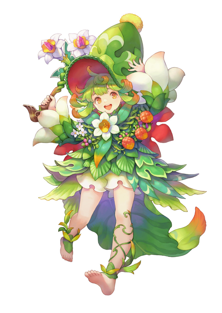 1boy, androgynous, barefoot, flower, food, fruit, full_body, green_hair, haccan, hat, highres, holding, holding_wand, julei_(visions_of_mana), leaf, leaf_clothing, official_art, open_mouth, orange_eyes, pointy_ears, second-party_source, seiken_densetsu, shorts, smile, solo, transparent_background, visions_of_mana, wand