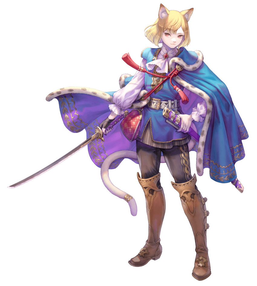 1boy, :3, animal_ears, belt, blonde_hair, blue_cloak, blue_tunic, boots