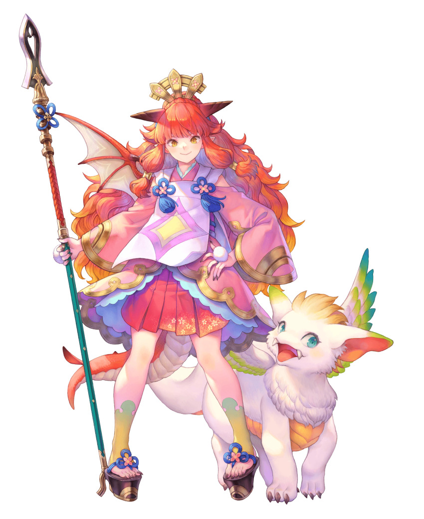 1girl, apron, careena_(visions_of_mana), creature, crown, dragon_girl, dragon_horns, dragon_tail, dragon_wings, fangs, full_body, gradient_hair, haccan, highres, holding, holding_polearm, holding_weapon, horns, long_hair, looking_at_viewer, multicolored_hair, official_art, orange_eyes, orange_hair, platform_clogs, platform_footwear, polearm, ramcoh_(visions_of_mana), red_hair, sandals, second-party_source, seiken_densetsu, single_wing, skirt, slit_pupils, smile, tail, transparent_background, visions_of_mana, wavy_hair, weapon, wings