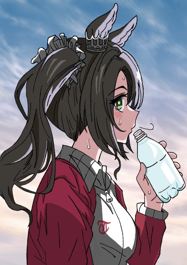 1girl, abyss_kpn_(ki), animal_ears, black_hair, blush, bottle, commentary_request, crown