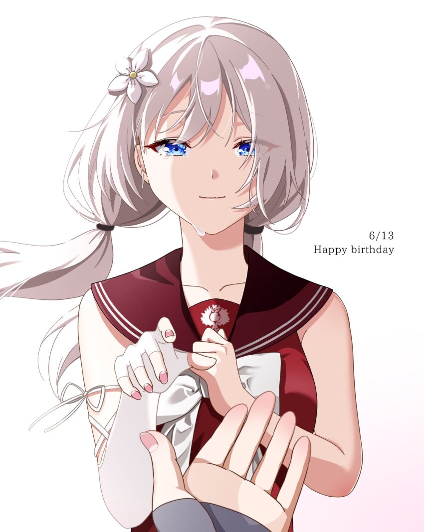 2girls, assault_lily, blue_eyes, bow, breasts, brown_sailor_collar, chimimago, closed_mouth