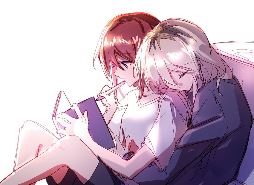 2girls, black_shorts, black_sweater, book, closed_eyes, closed_mouth, commentary, cuddling