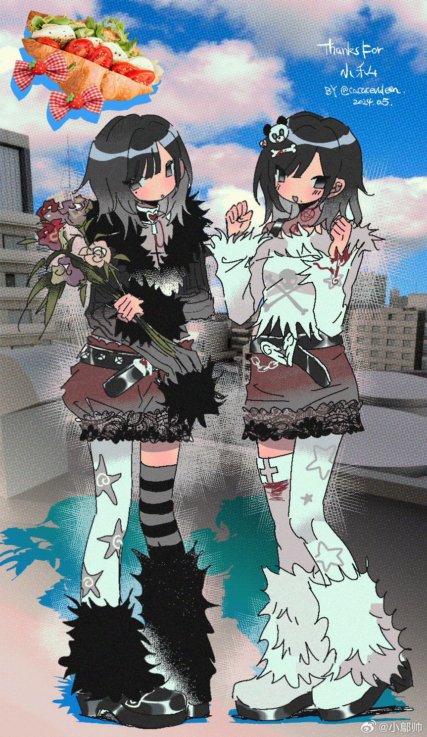 2girls, :o, asymmetrical_legwear, bare_shoulders, belt, belt_buckle, black_belt, black_collar