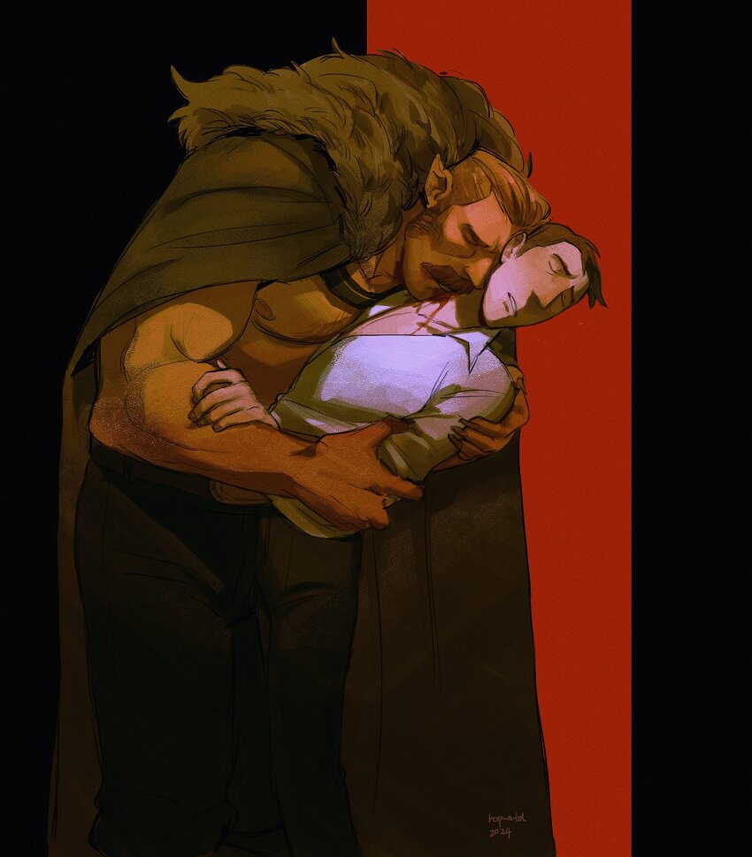 2boys, abs, bara, bite_mark, bite_mark_on_neck, black_hair, blonde_hair, blood