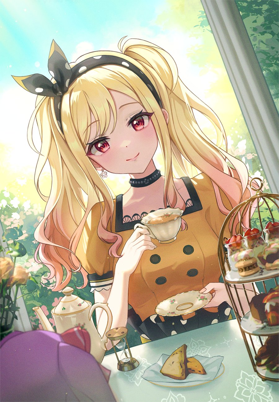 1girl, black_choker, blonde_hair, choker, cup, dress, eating, food