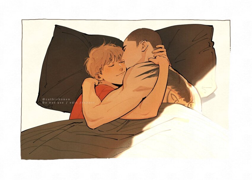 2boys, adam_parrish, back_tattoo, bishounen, black_hair, blonde_hair, buzz_cut, catbishonen