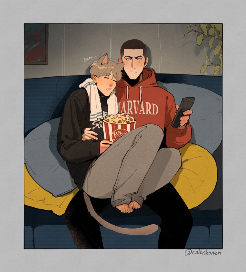 2boys, adam_parrish, animal_ears, bishounen, black_hair, blonde_hair, blue_eyes, buzz_cut