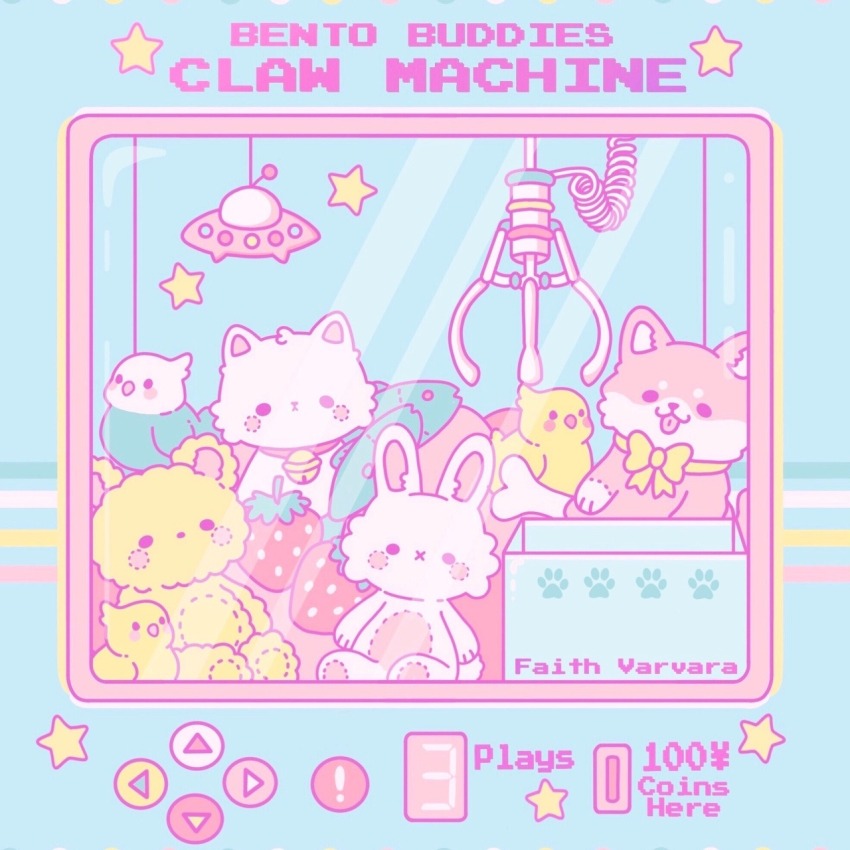 !, artist_name, blue_background, bone, bow, bowtie, commentary, crane_game, english_commentary, english_text, faith_varvara, food, fruit, highres, no_humans, object_focus, original, pastel_colors, paw_print, shiba_inu, star_(symbol), strawberry, stuffed_animal, stuffed_bird, stuffed_cat, stuffed_dog, stuffed_fish, stuffed_rabbit, stuffed_toy, teddy_bear, ufo, yellow_bow, yellow_bowtie