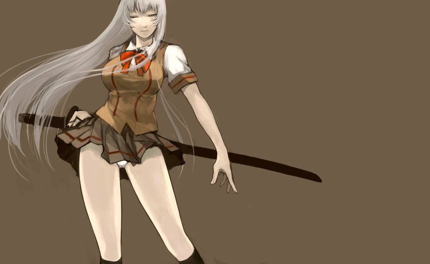 00s, bad_id, bad_pixiv_id, bow, chouun_shiryuu, closed_eyes, highres, ikkitousen, katana, panties, sasa_asako, schizos05, school_uniform, sheath, silver_hair, skirt, solo, sword, underwear, weapon