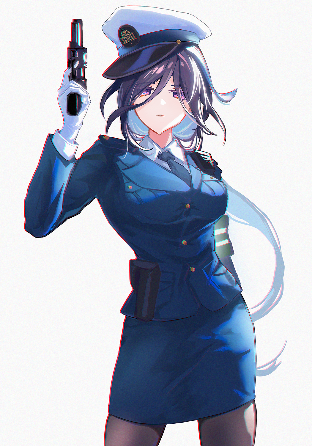 1girl, blue_jacket, blue_skirt, breasts, clorinde_(genshin_impact), cowboy_shot, franhill, genshin_impact