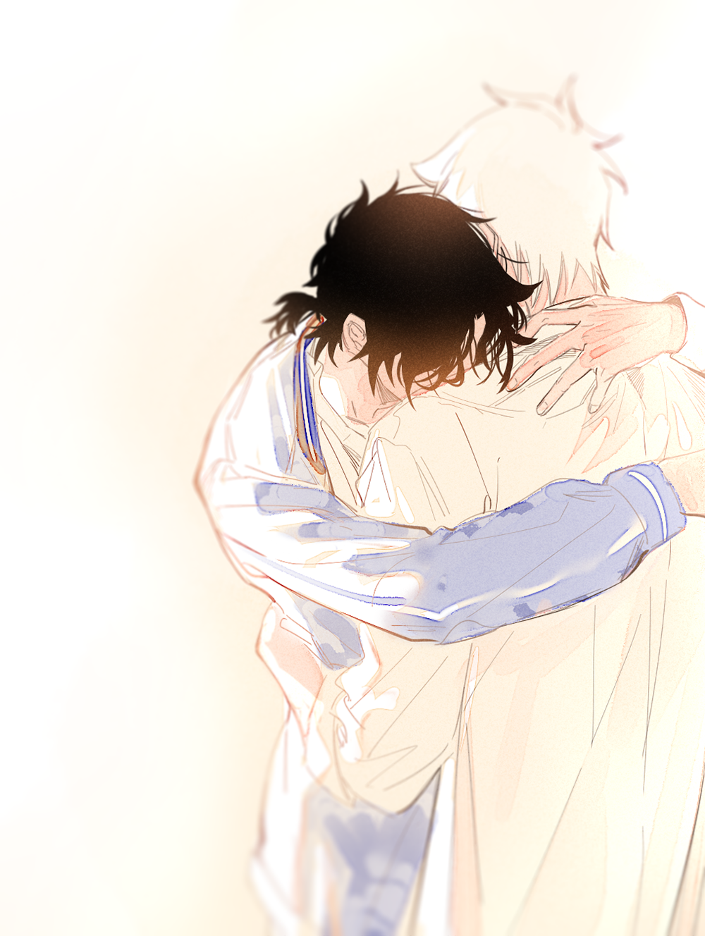 2boys, arms_around_another's_back, black_hair, blue_jacket, cheng_xiaoshi, chinese_commentary, commentary_request, crying, fingernails, from_behind, head_on_another's_shoulder, highres, hug, jacket, long_hair, long_sleeves, low_ponytail, lu_guang, male_focus, messy_hair, multiple_boys, open_clothes, open_jacket, ponytail, shiguang_dailiren, shirt, short_hair, short_ponytail, simple_background, upper_body, white_background, white_hair, white_shirt, yinertang