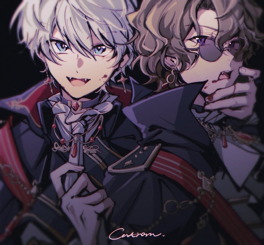 2boys, arthur_grandwell, ascot, black_background, black_choker, black_jacket, blood, blood_on_face