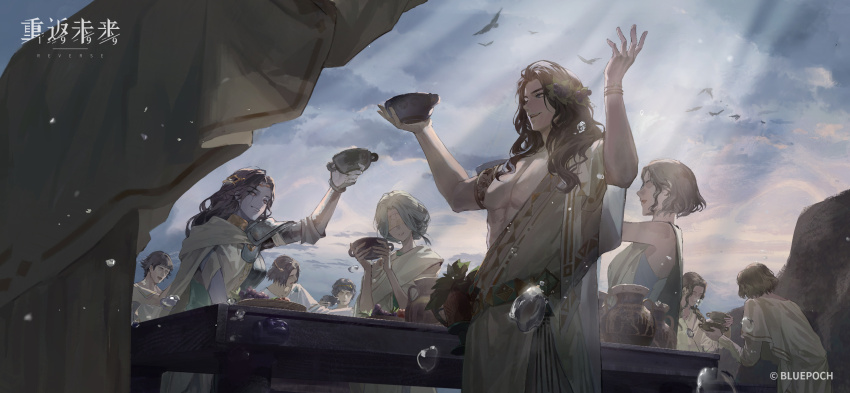210_(reverse:1999), 3girls, 6+boys, 888_(reverse:1999), :d, ancient_greek_clothes, arm_armor, arm_up, armlet, armor, arms_up, bird, blindfold, blue_eyes, blue_skin, blue_sky, bowl, brown_hair, cloud, cloudy_sky, colored_skin, copyright_name, copyright_notice, cowboy_shot, cup, feast, food-themed_hair_ornament, grape_hair_ornament, greco-roman_clothes, grey_hair, grin, hair_ornament, hands_up, highres, holding, holding_bowl, jewelry, logo, long_hair, looking_at_another, looking_to_the_side, marta_(reverse:1999), multiple_boys, multiple_girls, muscular, muscular_male, official_art, official_wallpaper, open_mouth, outdoors, pauldrons, pectorals, reverse:1999, shoulder_armor, single_off_shoulder, single_pauldron, sky, smile, sunlight, table, toga, two-handed, urn, water_drop