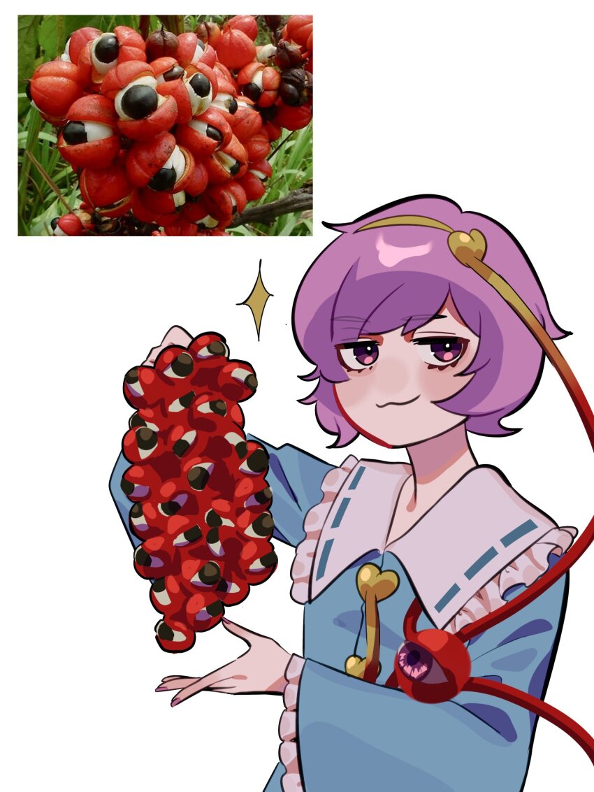 1girl, :3, blouse, blue_shirt, blush, buttons, food, frilled_shirt_collar, frilled_sleeves, frills, guarana, hair_ornament, hairband, heart, heart_button, heart_hair_ornament, highres, holding, holding_food, komeiji_satori, konoha217, look-alike, looking_at_viewer, photo_inset, pink_eyes, purple_hair, ribbon-trimmed_collar, ribbon_trim, shirt, short_hair, simple_background, smug, sparkle, third_eye, touhou, upper_body, white_background, wide_sleeves