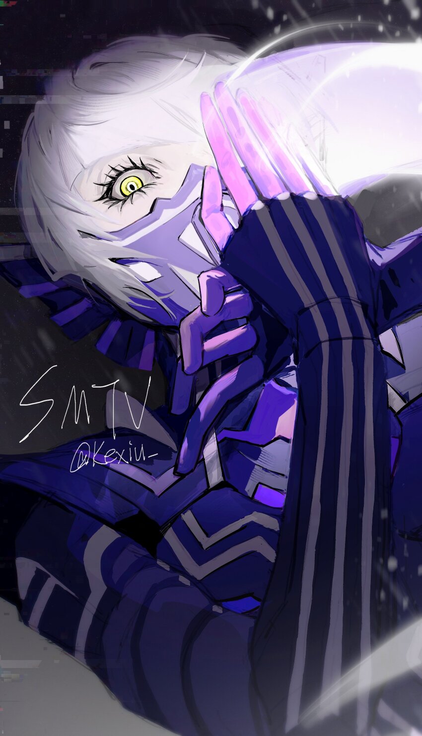 1boy, absurdres, androgynous, armor, asymmetrical_hair, bodysuit, copyright_name, eyelashes